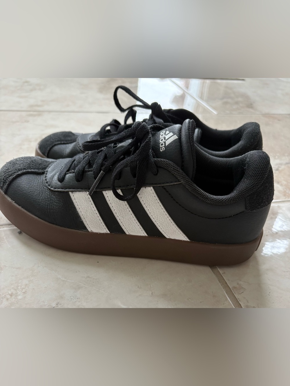 Adidas kid’s Black Leather Sneakers with White Stripes